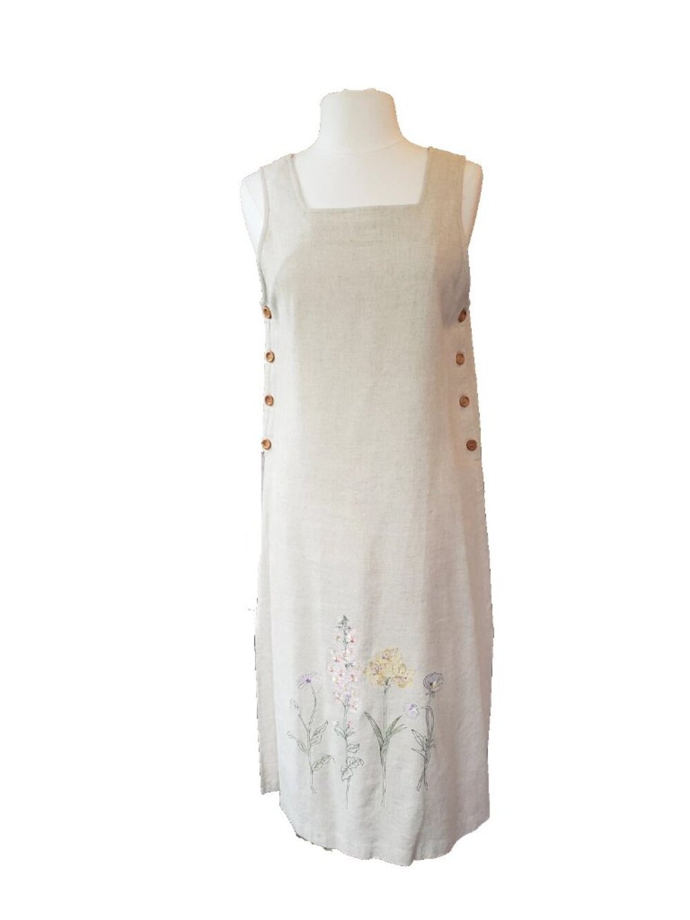 Talbots Vintage Y2K Embroidered Floral Linen Blend Beige Shift Midi Dress